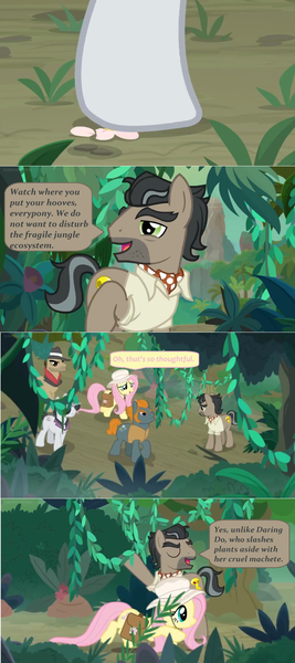 Size: 1600x3598 | Tagged: safe, derpibooru import, edit, edited screencap, screencap, biff, doctor caballeron, fluttershy, rogue (character), withers, pony, daring doubt, comic, dialogue, fedora, flower, hat, henchmen, jungle, screencap comic, speech bubble, stepping on something, sun hat, sunglasses, vine