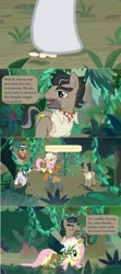 Size: 1600x3598 | Tagged: safe, derpibooru import, edit, edited screencap, screencap, biff, doctor caballeron, fluttershy, rogue (character), withers, pony, daring doubt, comic, dialogue, fedora, flower, hat, henchmen, jungle, screencap comic, speech bubble, stepping on something, sun hat, sunglasses, vine