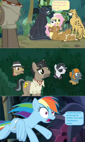 Size: 1600x2666 | Tagged: safe, derpibooru import, edit, edited screencap, screencap, biff, doctor caballeron, fluttershy, rainbow dash, rogue (character), withers, big cat, cheetah, pony, puma, daring doubt, ahuizotl's cats, bush, comic, dialogue, flying, henchmen, kitten, screencap comic, smiling, speech bubble, worried