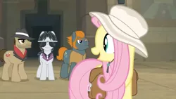 Size: 1600x900 | Tagged: safe, derpibooru import, screencap, biff, fluttershy, rogue (character), withers, pony, daring doubt, bag, fedora, hat, henchmen, saddle bag, sideburns, sun hat, sunglasses