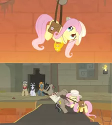 Size: 1600x1788 | Tagged: safe, derpibooru import, screencap, biff, doctor caballeron, fluttershy, rogue (character), withers, pony, daring doubt, bag, fedora, hanging, hat, henchmen, lava pit, pulling, rescue, saddle bag, sunglasses, temple, torch, truth talisman