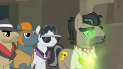 Size: 1600x900 | Tagged: safe, derpibooru import, screencap, biff, doctor caballeron, rogue (character), withers, pony, daring doubt, fedora, glow, glowing eyes, hat, henchmen, sunglasses, sweat, truth talisman