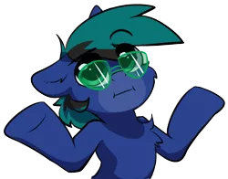Size: 1615x1264 | Tagged: safe, artist:rileyisherehide, derpibooru import, oc, oc:ender, unofficial characters only, pony, glasses, guess i'll die, male, raised eyebrow, shrug, shrugpony, solo, stallion, sunglasses