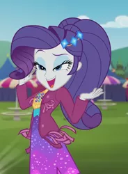 Size: 724x985 | Tagged: safe, derpibooru import, screencap, rarity, equestria girls, equestria girls series, inclement leather, spoiler:choose your own ending (season 2), spoiler:eqg series (season 2), beautiful, clothes, cropped, cute, female, jacket, lidded eyes, open mouth, outdoors, pose, raised eyebrow, raribetes, smiling, solo focus, suede jacket
