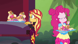 Size: 960x540 | Tagged: safe, derpibooru import, screencap, pinkie pie, sunset shimmer, equestria girls, equestria girls series, wake up!, spoiler:choose your own ending (season 2), spoiler:eqg series (season 2), animated, belt, bread, cinnamon bun, clothes, croissant, dress, food, food stand, food truck, forest, frosting, gif, jacket, jeans, jelly beans, junk food, pants, pastry, sprinkles, starswirl music festival, this will end in diabetes, tray, tree, waffle, wake up!: pinkie pie