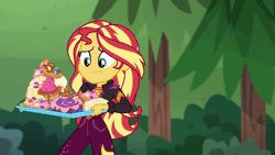 Size: 960x540 | Tagged: safe, derpibooru import, screencap, pinkie pie, sunset shimmer, equestria girls, equestria girls series, wake up!, spoiler:choose your own ending (season 2), spoiler:eqg series (season 2), animated, belt, bread, clothes, croissant, dress, food, forest, frosting, gif, jacket, jeans, jelly beans, junk food, pants, pastry, sprinkles, starswirl music festival, this will end in diabetes, tree, waffle, wake up!: pinkie pie