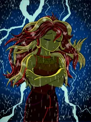 Size: 7181x9634 | Tagged: safe, artist:brekrofmadness, derpibooru import, sunset shimmer, equestria girls, equestria girls series, let it rain, spoiler:eqg series (season 2), absurd resolution, crossed arms, crying, eyes closed, lightning, rain, scene interpretation, solo