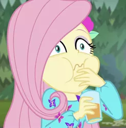 Size: 814x828 | Tagged: safe, derpibooru import, screencap, fluttershy, equestria girls, equestria girls series, sunset's backstage pass!, spoiler:eqg series (season 2), cropped, faic, juice, orange juice, puffy cheeks, solo, wavy mouth