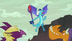 Size: 1920x1080 | Tagged: billy (dragon), bloodstone scepter, derpibooru import, dragon, dragoness, female, flying, fume, princess ember, safe, scepter, screencap, spear (dragon), spread wings, sweet and smoky, wings