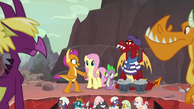 Size: 1920x1080 | Tagged: safe, derpibooru import, screencap, baby pinpoint, baby rubble, baby sparks, baby stomp, billy (dragon), fluttershy, fume, garble, smolder, spear (dragon), spike, dragon, pegasus, pony, sweet and smoky, baby, baby dragon, beatnik, beret, bongos, clothes, dragon egg, dragon lands, dragoness, egg, eggshell, female, hat, male, mare, shirt, striped shirt, winged spike