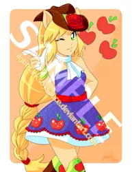 Size: 600x777 | Tagged: safe, artist:lightdarksoysauce, derpibooru import, applejack, equestria girls, equestria girls (movie), anime, ascot, bare shoulders, clothes, cute, cutie mark, dress, fall formal outfits, female, jackabetes, obtrusive watermark, one eye closed, ponied up, sample, solo, watermark, wink