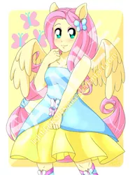 Size: 600x777 | Tagged: safe, artist:lightdarksoysauce, derpibooru import, fluttershy, equestria girls, equestria girls (movie), bare shoulders, clothes, cute, cutie mark, dress, fall formal outfits, female, obtrusive watermark, ponied up, sample, shyabetes, solo, watermark