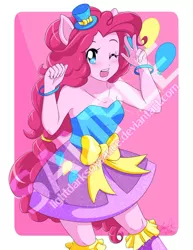 Size: 600x777 | Tagged: safe, artist:lightdarksoysauce, derpibooru import, part of a set, pinkie pie, equestria girls, equestria girls (movie), anime, bare shoulders, clothes, cute, cutie mark, diapinkes, dress, fall formal outfits, female, obtrusive watermark, one eye closed, open mouth, ponied up, solo, watermark, wink