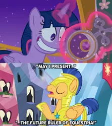 Size: 1280x1440 | Tagged: safe, derpibooru import, edit, edited screencap, screencap, flash sentry, twilight sparkle, twilight sparkle (alicorn), alicorn, pegasus, pony, between dark and dawn, twilight's kingdom, amulet, armor, caption, deadpan snarker, faic, female, hoof shoes, insanity, jewelry, levitation, magic, magic aura, majestic as fuck, male, mare, royal guard, stallion, telekinesis, the future ruler of equestria, twilight snapple, twilight sparkle is best facemaker, twilighting, twilynanas, wings