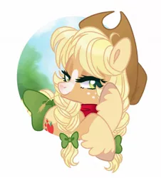 Size: 1064x1176 | Tagged: safe, artist:nemovonsilver, derpibooru import, applejack, pony, alternate hairstyle, blaze (coat marking), bow, braided pigtails, cute, female, hair bow, jackabetes, lidded eyes, mare, out of frame, redesign, solo, straw in mouth, tail bow, unshorn fetlocks