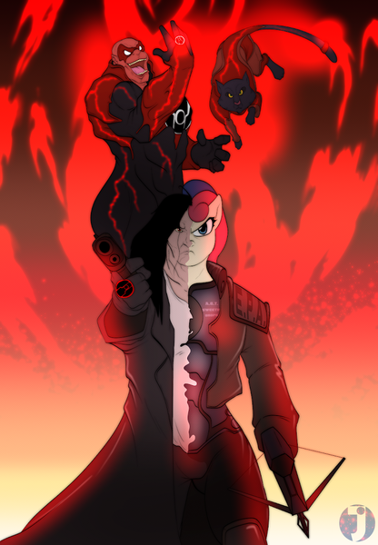 Size: 787x1136 | Tagged: anthro, armor, atrocitus, bon bon, crossbow, derpibooru import, dex-starr, gun, hatred (game), human, red lantern, red lantern corps, safe, sweetie drops, weapon