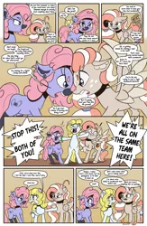 Size: 1989x3057 | Tagged: safe, artist:floofyfoxcomics, derpibooru import, oc, oc:peppermint mocha (pegasusjedi), oc:quickshot, oc:sunlight days, oc:trick lock, unofficial characters only, earth pony, pegasus, pony, comic:a dash of peppermint, female, mare