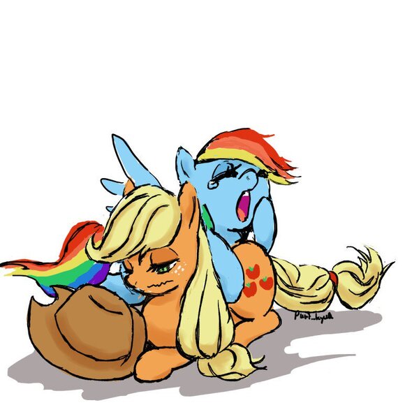 Size: 800x800 | Tagged: safe, artist:puri__kyua, derpibooru import, applejack, rainbow dash, earth pony, pegasus, pony, applejack's hat, cowboy hat, cute, duo, freckles, hat, simple background, sleepy, white background, yawn