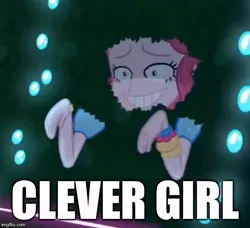 Size: 523x477 | Tagged: safe, derpibooru import, edit, edited screencap, screencap, pinkie pie, equestria girls, equestria girls series, sunset's backstage pass!, spoiler:eqg series (season 2), clever girl, creepy, creepy smile, cropped, funny, jurassic park, meme, pinkie pie is best facemaker, smiling