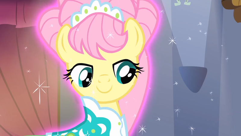 Size: 1920x1080 | Tagged: safe, derpibooru import, screencap, fluttershy, pegasus, pony, green isn't your color, alternate hairstyle, clothes, dress, female, magic, magic aura, modelshy, solo, sparkles