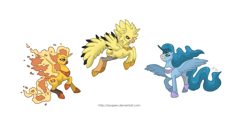 Size: 5000x2683 | Tagged: safe, artist:almairis, derpibooru import, ponified, articuno, moltres, pony, zapdos, crossover, pokémon, simple background, transparent background