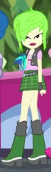 Size: 233x781 | Tagged: safe, derpibooru import, screencap, cherry crash, fluttershy, laurel jade, vinyl scratch, equestria girls, equestria girls series, sunset's backstage pass!, spoiler:eqg series (season 2), boots, clothes, cropped, female, fingerless gloves, gloves, legs, lipstick, looking at you, miniskirt, offscreen character, plaid skirt, shoes, short skirt, skirt, solo focus, thighs