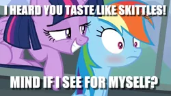 Size: 945x529 | Tagged: suggestive, derpibooru import, edit, edited screencap, screencap, rainbow dash, twilight sparkle, twilight sparkle (alicorn), alicorn, pegasus, pony, the washouts (episode), blushing, caption, female, image macro, implied cunnilingus, implied lesbian, implied oral, implied sex, implied shipping, implied twidash, lesbian, mare, shipping, smiling, smirk, taste the rainbow, text, twidash