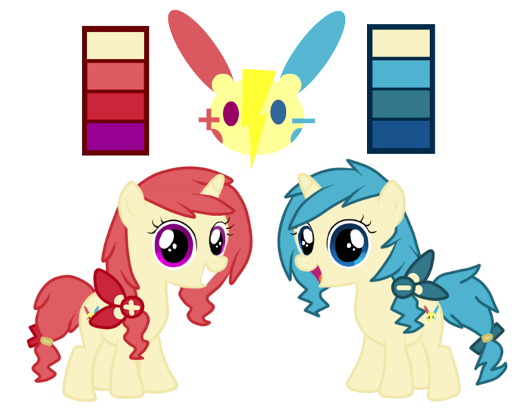 Size: 900x700 | Tagged: safe, artist:kurofa, derpibooru import, oc, ponified, unofficial characters only, minun, plusle, pony, crossover, pokémon