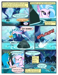 Size: 612x792 | Tagged: safe, artist:newbiespud, derpibooru import, edit, edited screencap, screencap, gallus, silverstream, storm king, gryphon, pony, seapony (g4), comic:friendship is dragons, my little pony: the movie, what lies beneath, comic, dialogue, female, flying, glowing eyes, hiding, jumping, looking up, male, onomatopoeia, screencap comic, shadow, splash, swimming