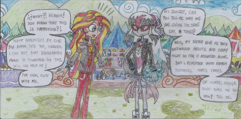 Size: 2300x1136 | Tagged: safe, artist:nephilim rider, derpibooru import, sunset shimmer, oc, oc:heaven lost, equestria girls, equestria girls series, sunset's backstage pass!, spoiler:eqg series (season 2), traditional art