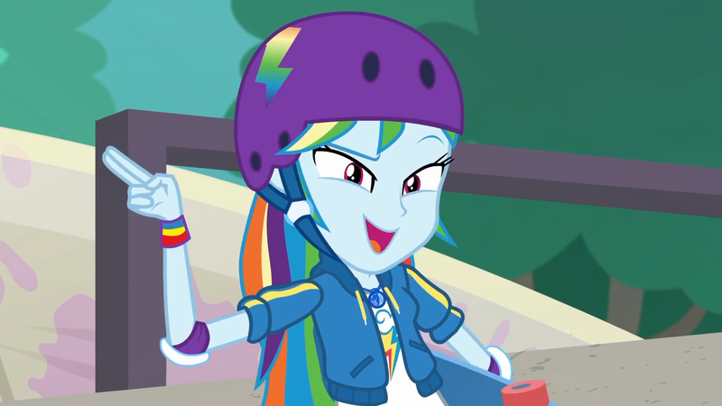 Size: 1920x1080 | Tagged: safe, derpibooru import, screencap, rainbow dash, equestria girls, equestria girls series, sic skateboard, spoiler:eqg series (season 2), clothes, elbow pads, female, geode of super speed, helmet, jacket, magical geodes, outdoors, raised eyebrow, skate park, skateboard