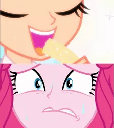Size: 1921x2156 | Tagged: safe, derpibooru import, edit, edited screencap, screencap, frosty orange, pinkie pie, equestria girls, equestria girls series, sunset's backstage pass!, spoiler:eqg series (season 2), anxiety, churros, close-up, eating, extreme close up, eyes closed, female, food, happy, nervous, open mouth, shrunken pupils, sweat, wide eyes