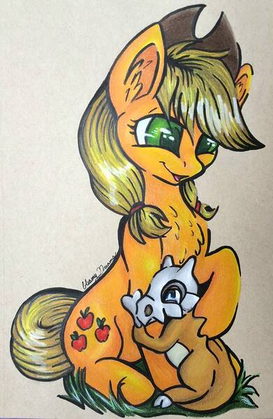 Size: 722x1107 | Tagged: safe, artist:gleamydreams, derpibooru import, applejack, cubone, earth pony, pony, crossover, cute, daaaaaaaaaaaw, green eyes, hat, pokémon, simple background, teary eyes, traditional art