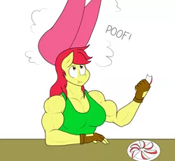 Size: 1280x1185 | Tagged: safe, artist:matchstickman, derpibooru import, apple bloom, anthro, earth pony, tumblr:where the apple blossoms, apple, apple bloom's bow, apple brawn, apple slice, biceps, bow, breasts, busty apple bloom, clothes, comic, deltoids, eating, female, fingerless gloves, food, gloves, growth, hair bow, image, impossibly large bow, looking up, magic, matchstickman's apple brawn series, muscles, older, older apple bloom, onomatopoeia, pecs, png, shirt, simple background, single panel, sleeveless, sleeveless shirt, solo, table, tumblr comic, wat, white background