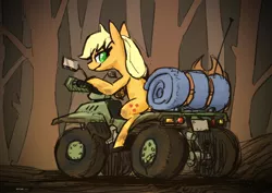 Size: 2000x1414 | Tagged: safe, artist:satv12, derpibooru import, applejack, earth pony, pony, applejack's hat, atv, badass, cowboy hat, driving, forest, hat, looking back, mirror, quad, tree