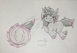 Size: 2216x1536 | Tagged: safe, artist:gamerblitz77, derpibooru import, oleander (tfh), unicorn, them's fightin' herds, ball, balleander, community related, crossover, female, homing attack, jumping, levitation, magic, mare, motion lines, rolling, self-levitation, solo, sonic the hedgehog (series), spin dash, telekinesis, traditional art
