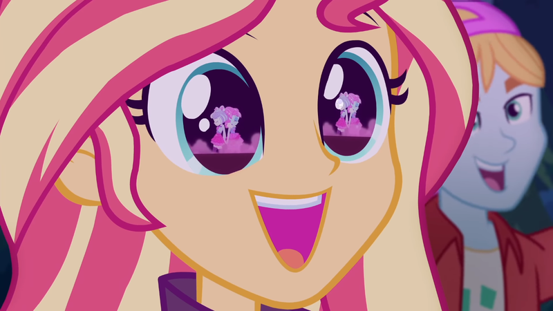 Size: 1280x720 | Tagged: safe, derpibooru import, screencap, fry lilac, kiwi lollipop, sunset shimmer, supernova zap, equestria girls, equestria girls series, sunset's backstage pass!, spoiler:eqg series (season 2), backstage pass, close-up, cute, eye reflection, happy, k-lo, logo, reflection, shimmerbetes, smiling, su-z, wide eyes