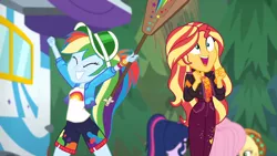 Size: 1280x720 | Tagged: safe, derpibooru import, screencap, applejack, fluttershy, rainbow dash, sci-twi, sunset shimmer, twilight sparkle, equestria girls, equestria girls series, sunset's backstage pass!, spoiler:eqg series (season 2), accidental innuendo, accidental spanking, backstage pass, grin, happy, logo, paddle, smiling