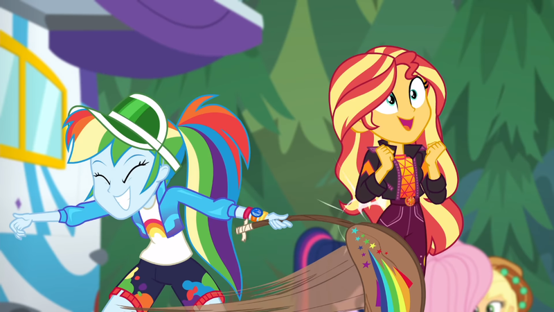 Size: 1280x720 | Tagged: safe, derpibooru import, screencap, applejack, fluttershy, rainbow dash, sci-twi, sunset shimmer, twilight sparkle, equestria girls, equestria girls series, sunset's backstage pass!, spoiler:eqg series (season 2), accidental spanking, backstage pass, grin, happy, logo, out of context, paddle, rainbow dash's paddle, smiling