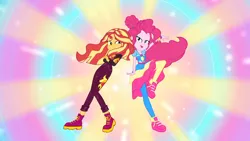 Size: 1280x720 | Tagged: safe, derpibooru import, screencap, pinkie pie, sunset shimmer, equestria girls, equestria girls series, sunset's backstage pass!, spoiler:eqg series (season 2), backstage pass, clothes, pose, shoes, sneakers