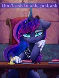 Size: 1938x2568 | Tagged: safe, artist:magnaluna, derpibooru import, edit, princess luna, alicorn, pony, :t, annoyed, ask, bored, cake, candle, color porn, cute, don't ask to ask, ear fluff, ethereal mane, eyes closed, female, floppy ears, fluffy, food, galaxy mane, looking at you, lunabetes, mare, meme, solo, text, text edit, tumblr, unamused