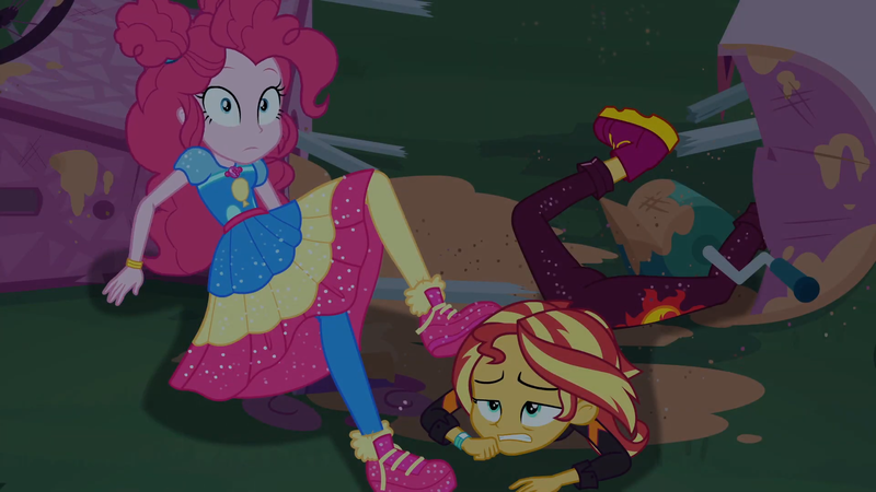 Size: 1920x1080 | Tagged: safe, derpibooru import, screencap, pinkie pie, sunset shimmer, equestria girls, equestria girls series, sunset's backstage pass!, spoiler:eqg series (season 2), ass, batter, boots, bunset shimmer, butt, clothes, destruction, duo, duo female, female, food, food cart, geode of sugar bombs, magical geodes, night, outdoors, pantyhose, property damage, shoes, sneakers, wide eyes