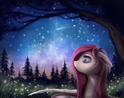 Size: 2500x1980 | Tagged: safe, artist:thatdreamerarts, derpibooru import, fluttershy, firefly (insect), insect, pegasus, pony, bust, floppy ears, forest, looking away, looking up, night, nightfall, outdoors, profile, scenery, shooting star, sky, solo, spread wings, starry night, stars, stray strand, tree, wings