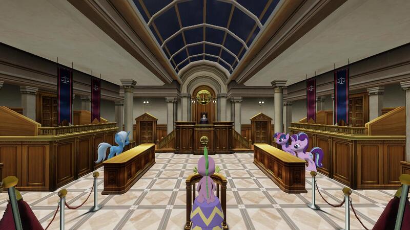 Size: 1280x720 | Tagged: ace attorney, alicorn, artist:flainfan, courtroom, derpibooru import, judge, safe, spike, starlight glimmer, trixie, twilight sparkle, twilight sparkle (alicorn)