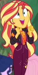 Size: 312x621 | Tagged: safe, derpibooru import, screencap, fluttershy, sci-twi, sunset shimmer, twilight sparkle, equestria girls, equestria girls series, sunset's backstage pass!, spoiler:eqg series (season 2), accidental spanking, blurred background, clothes, cropped, cute, female, geode of empathy, grin, happy, jacket, magical geodes, shimmerbetes, shrunken pupils, smiling, solo focus
