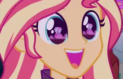 Size: 1109x720 | Tagged: safe, derpibooru import, screencap, fry lilac, kiwi lollipop, sunset shimmer, supernova zap, equestria girls, equestria girls series, sunset's backstage pass!, spoiler:eqg series (season 2), cute, eye reflection, eyes closed, grin, happy, holding hands, k-lo, raised eyebrows, reflection, shimmerbetes, smiling, smoke, su-z