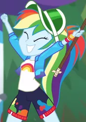 Size: 434x621 | Tagged: safe, derpibooru import, screencap, rainbow dash, equestria girls, equestria girls series, sunset's backstage pass!, spoiler:eqg series (season 2), cap, clothes, cropped, cute, dashabetes, eyes closed, grin, hat, jacket, rainbow, raised arms, shirt, shorts, smiling, solo, t-shirt, wristband