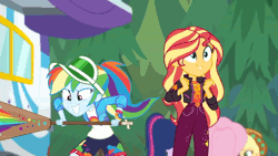 Size: 600x338 | Tagged: safe, derpibooru import, screencap, applejack, fluttershy, rainbow dash, sci-twi, sunset shimmer, twilight sparkle, equestria girls, equestria girls series, sunset's backstage pass!, spoiler:eqg series (season 2), accidental innuendo, accidental spanking, animated, backstage pass, grin, happy, logo, near miss, out of context, paddle, smiling