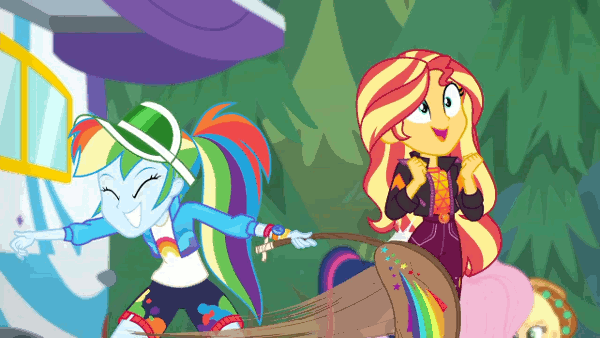 Size: 600x338 | Tagged: safe, derpibooru import, screencap, applejack, fluttershy, rainbow dash, sci-twi, sunset shimmer, twilight sparkle, equestria girls, equestria girls series, sunset's backstage pass!, spoiler:eqg series (season 2), accidental innuendo, accidental spanking, animated, backstage pass, grin, happy, out of context, outdoors, paddle, rainbow dash's paddle, rv, smiling, uh i can explain