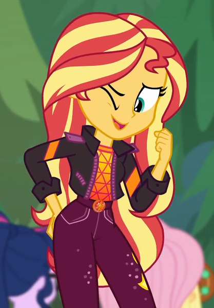 Size: 631x907 | Tagged: safe, derpibooru import, screencap, applejack, fluttershy, sci-twi, sunset shimmer, twilight sparkle, equestria girls, equestria girls series, sunset's backstage pass!, spoiler:eqg series (season 2), butt touch, clothes, cropped, cute, female, geode of empathy, hand on butt, jacket, looking at you, magical geodes, one eye closed, shimmerbetes, smiling, solo focus, wink